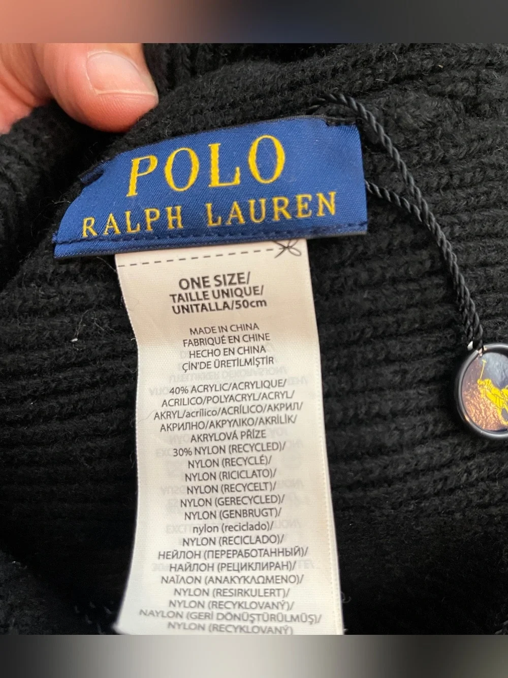 POLO RALPH LAUREN Men's Flag Bear Black Rib-Knit Wool-Blend Beanie Hat